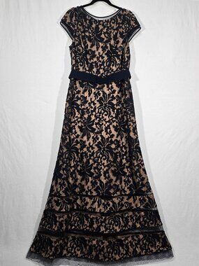 Tadashi Shoji Black Lace Overlay on Nude Evening Gown